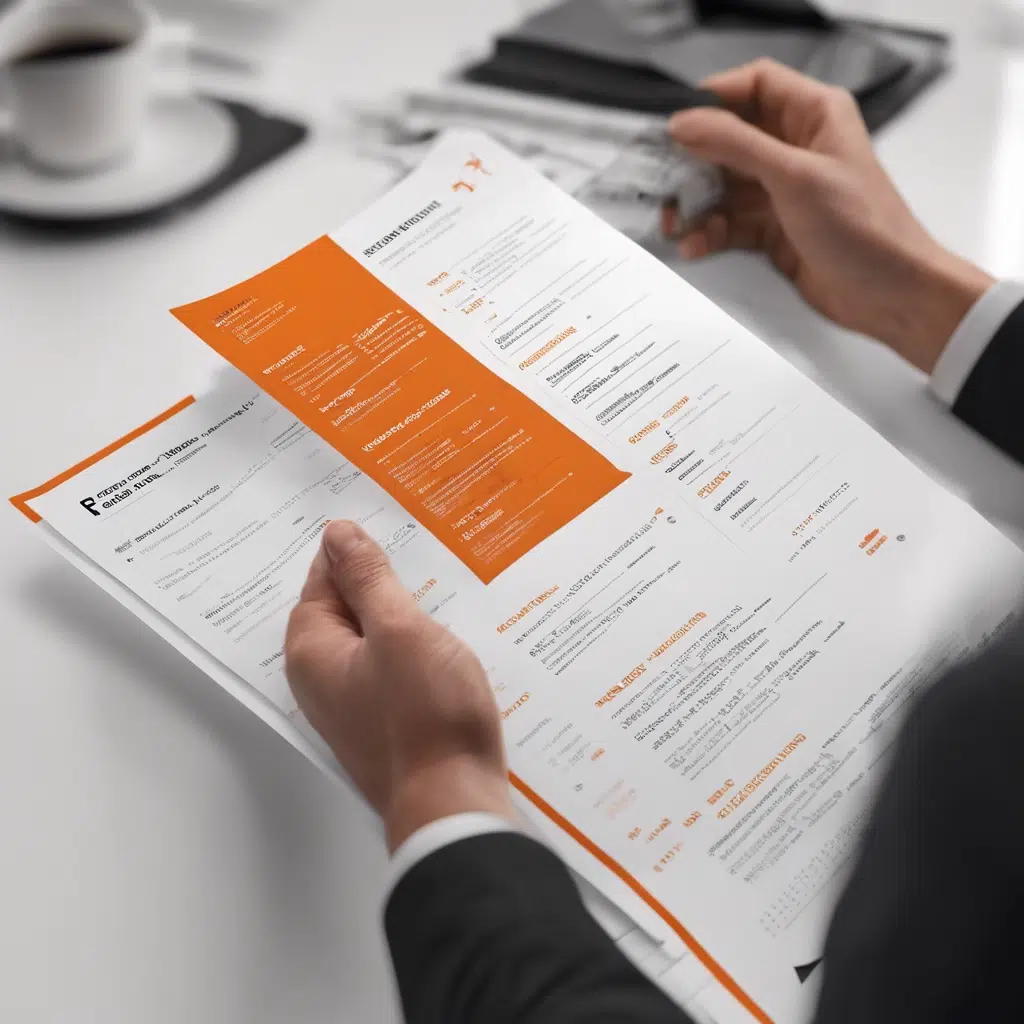 A person in a suit, likely a Certified Career Coach, reviews two resumes. One resume has an orange accent with sections like work experience, skills, and education. A cup of coffee and a stack of papers are on the table, highlighting the job application review process.