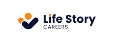 Logo of Life Story Careers with stylized icons of two yellow-orange circles above two navy blue curved shapes on the left, resembling abstract people. The text Life Story CAREERS is in navy blue on the right.