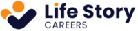 Logo for Life Story Careers featuring a stylized navy checkmark with two orange circles above it, resembling people, followed by the words Life Story Careers in navy blue text.