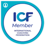 ICF Member badge with a blue and white circular design. It includes the text ICF Member and International Coaching Federation. There's a small user icon in the top left corner, symbolizing career transition coaches dedicated to facilitating transformative coaching journeys.