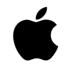 Black apple silhouette with a bite taken out of the right side and a leaf on top.