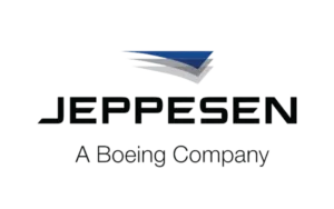 Logo of Jeppesen, a Boeing Company, featuring stylized, overlapping blue and gray triangles above the company name.