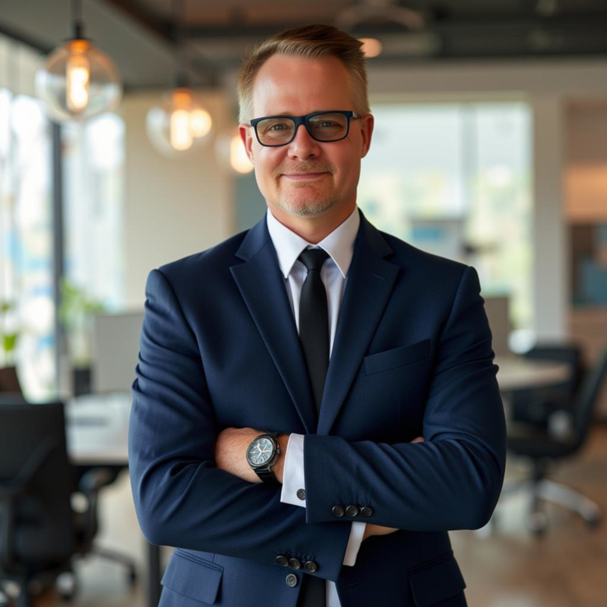 A confident career coach in a navy suit and black tie stands with arms crossed in a bright office. He wears glasses and a watch, smiling slightly. The modern decor, large windows, and hanging lights create an inspiring atmosphere for his career coaching sessions.